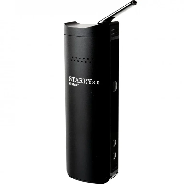Kit completo do Vaporizador XMAX Starry 3.0 na cor preta, com acessórios: cabo USB, espátula, escova, adaptador para concentrados e telinhas de reposição.